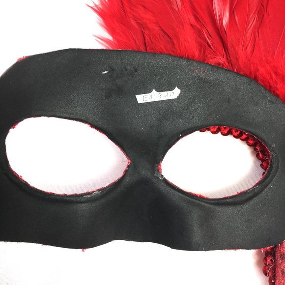 VENETIAN Red Sequin Mask w Red Feathers w/ Handle NWOT NOS - Picture 7 of 8